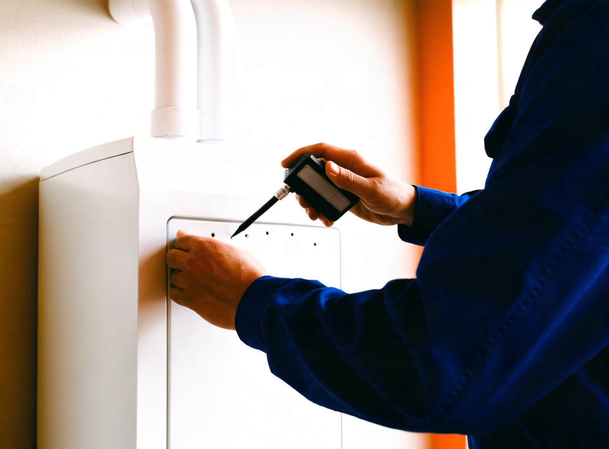 Technician opening the service panel of a wall-hung condensing boiler