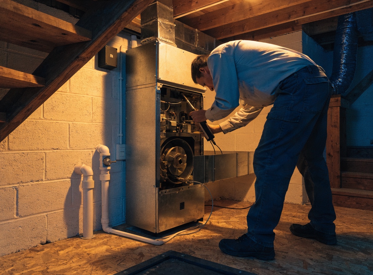 Technician inspecting the service compartment of an upright residential furnace