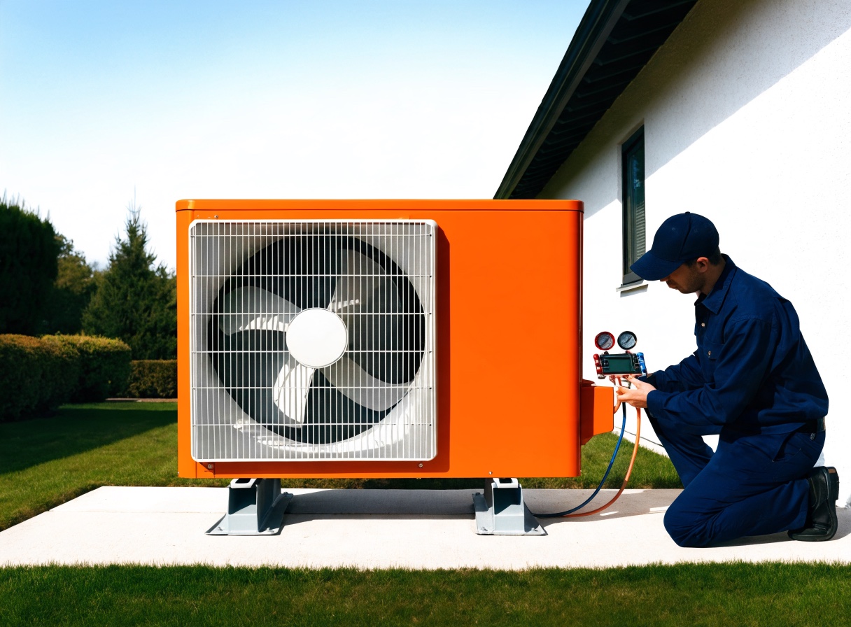 Technician commissioning a cold-climate residential heat-pump outdoor unit