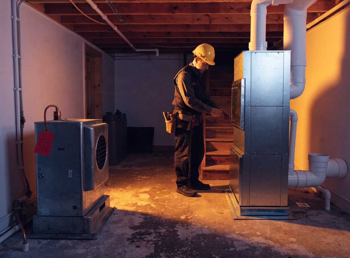Technician completing a residential heating-system conversion from older to modern equipment